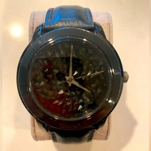 DKNY Crystal-set dial black leather band ladies watch